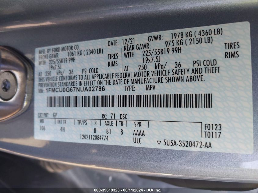 2022 Ford Escape Se VIN: 1FMCU0G67NUA02786 Lot: 39619323