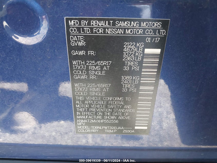 2017 Nissan Rogue S VIN: KNMAT2MVXHP552556 Lot: 39619339