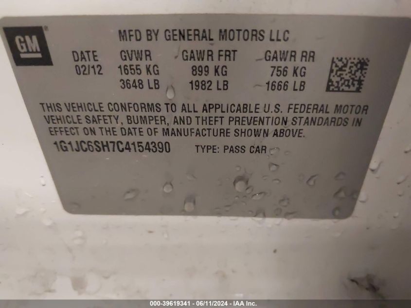 2012 Chevrolet Sonic 2Lt VIN: 1G1JC6SH7C4154390 Lot: 39619341