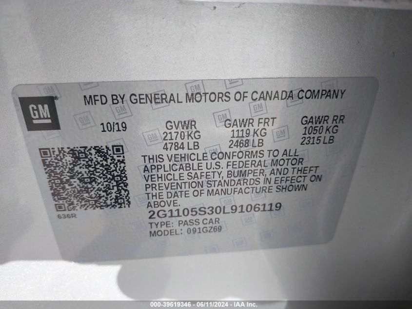 2020 Chevrolet Impala Fwd Premier VIN: 2G1105S30L9106119 Lot: 39619346