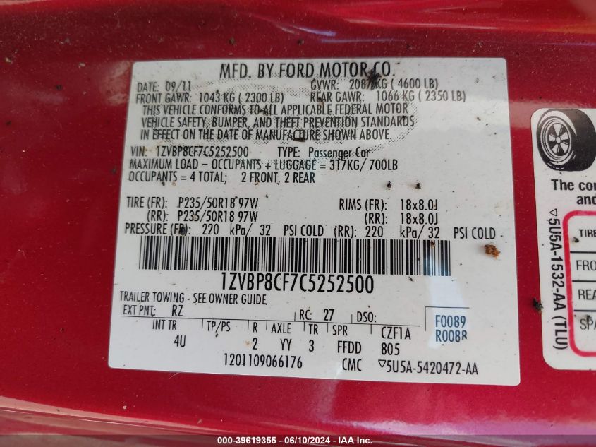 2012 Ford Mustang Gt Premium VIN: 1ZVBP8CF7C5252500 Lot: 39619355