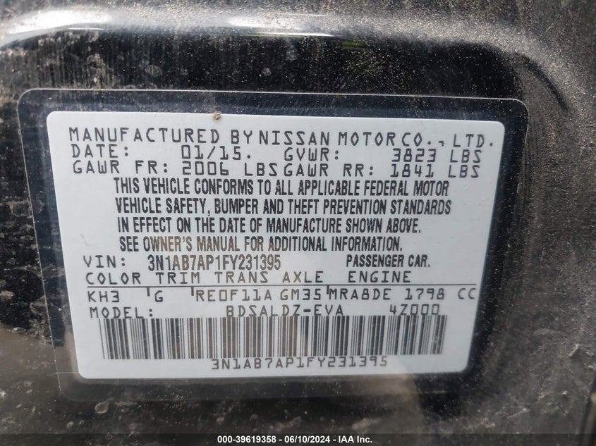 2015 Nissan Sentra Fe+ S/S/Sl/Sr/Sv VIN: 3N1AB7AP1FY231395 Lot: 39619358