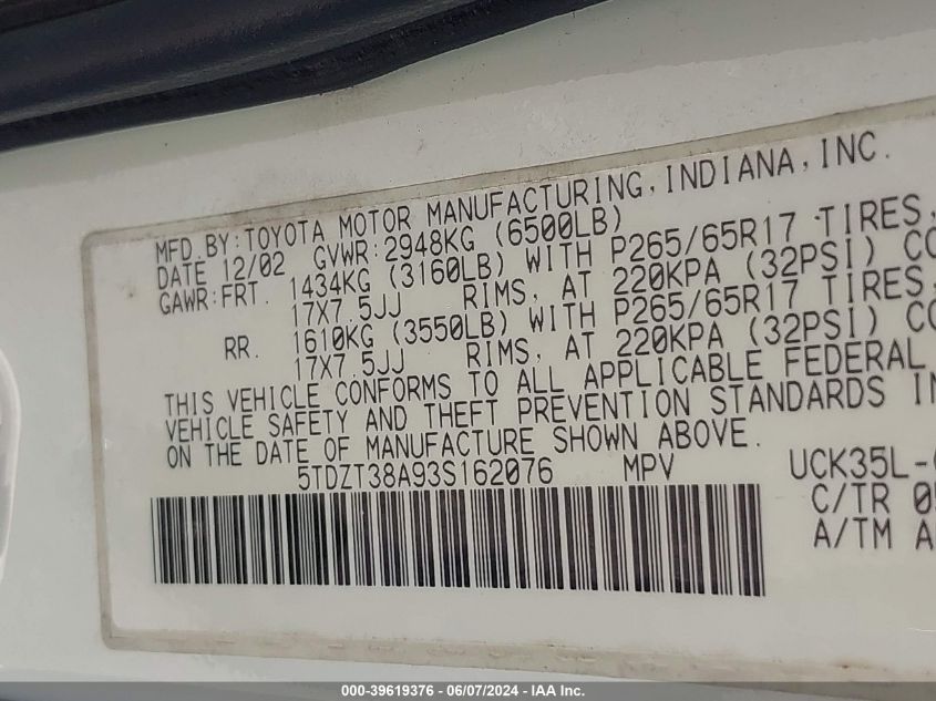 2003 Toyota Sequoia Limited V8 VIN: 5TDZT38A93S162076 Lot: 39619376