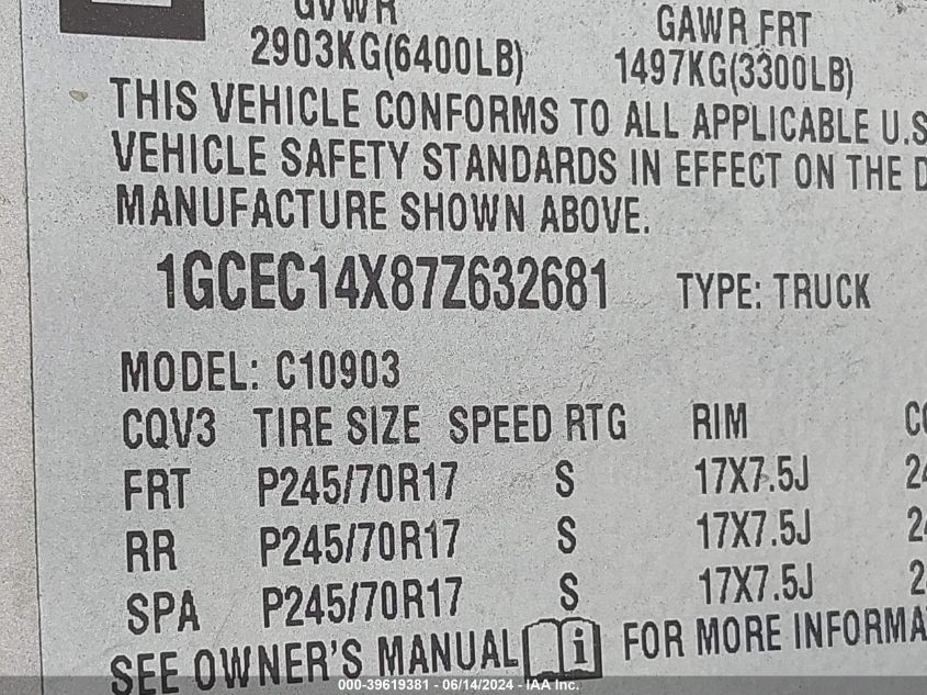 1GCEC14X87Z632681 2007 Chevrolet Silverado 1500 Work Truck