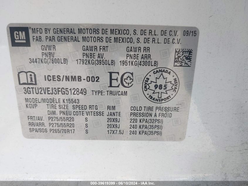 2015 GMC Sierra 1500 Slt VIN: 3GTU2VEJ3FG512849 Lot: 39619399