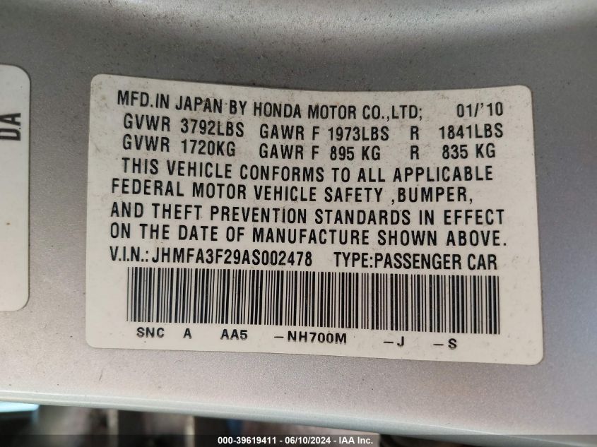 2010 Honda Civic Hybrid VIN: JHMFA3F29AS002478 Lot: 39619411