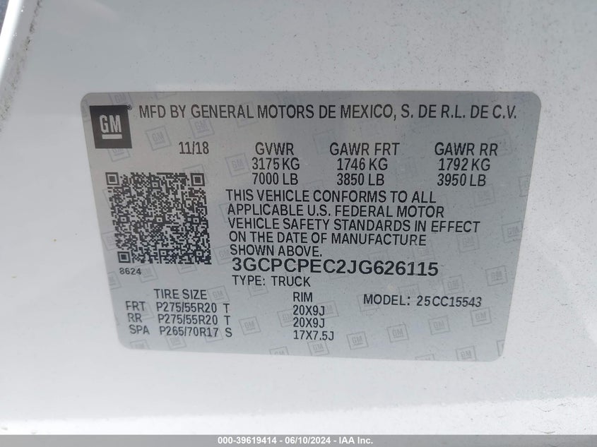 2018 Chevrolet Silverado 1500 Custom VIN: 3GCPCPEC2JG626115 Lot: 39619414