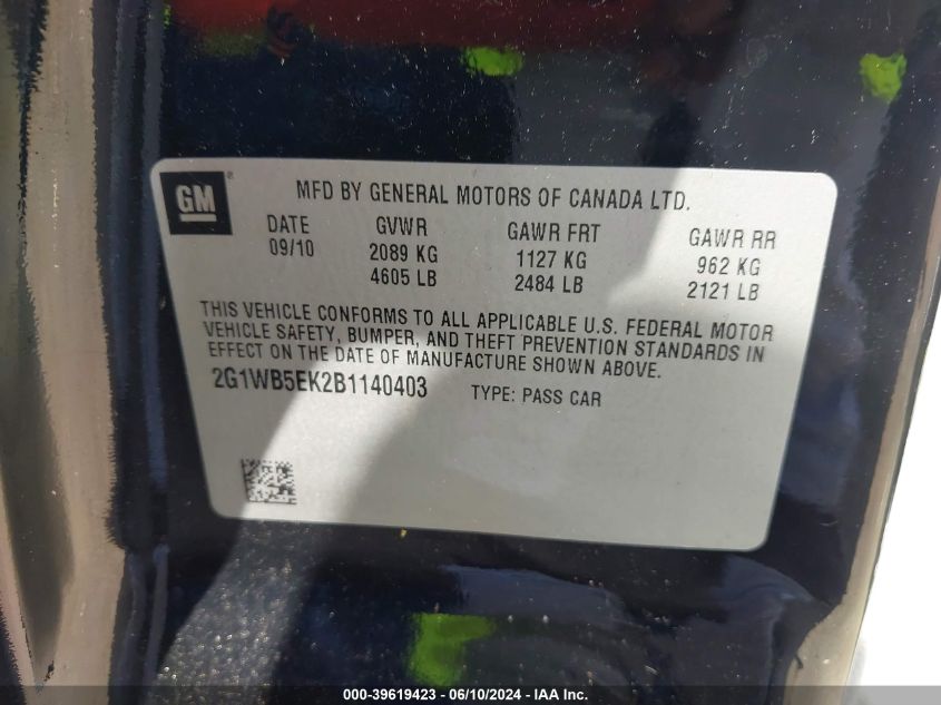 2011 Chevrolet Impala Lt VIN: 2G1WB5EK2B1140403 Lot: 39619423