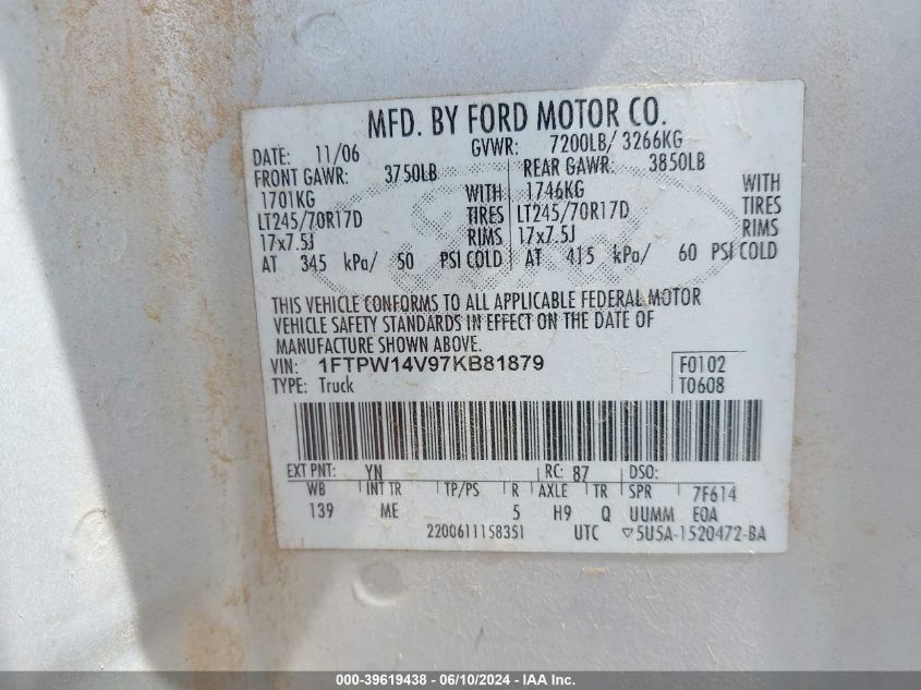 2007 Ford F-150 Fx4/Lariat/Xlt VIN: 1FTPW14V97KB81879 Lot: 39619438