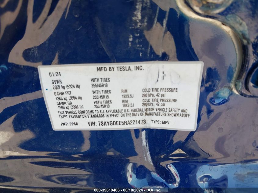 2024 Tesla Model Y Long Range Dual Motor All-Wheel Drive VIN: 7SAYGDEE5RA221473 Lot: 39619465