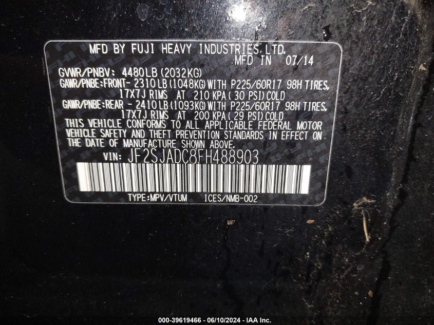 2015 Subaru Forester 2.5I Premium VIN: JF2SJADC8FH488903 Lot: 39619466