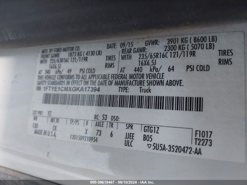 2016 Ford Transit-150 VIN: 1FTYE1CMXGKA17394 Lot: 39619467