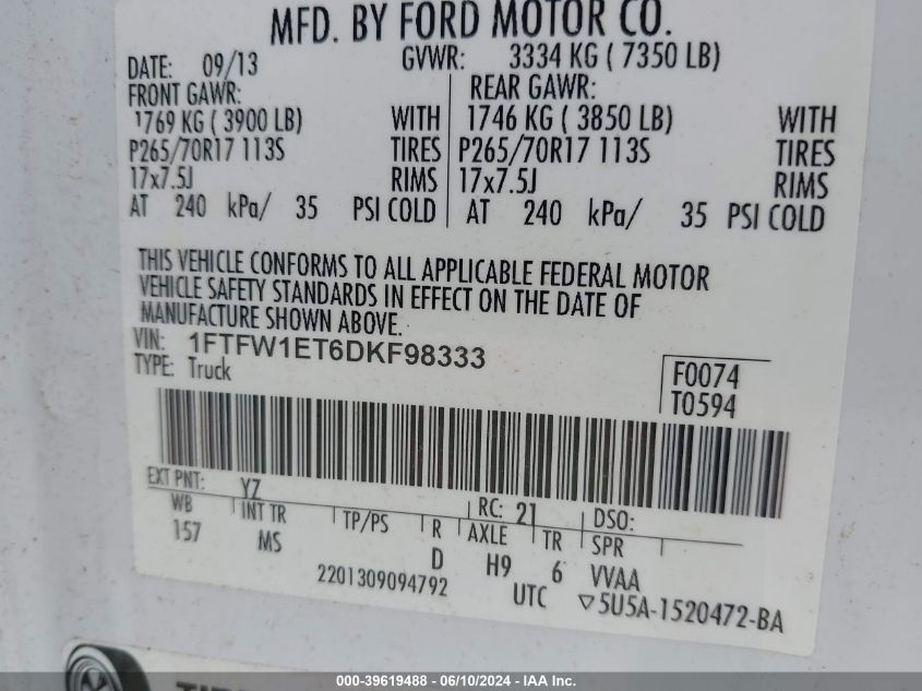 2013 Ford F-150 Xlt VIN: 1FTFW1ET6DKF98333 Lot: 39619488