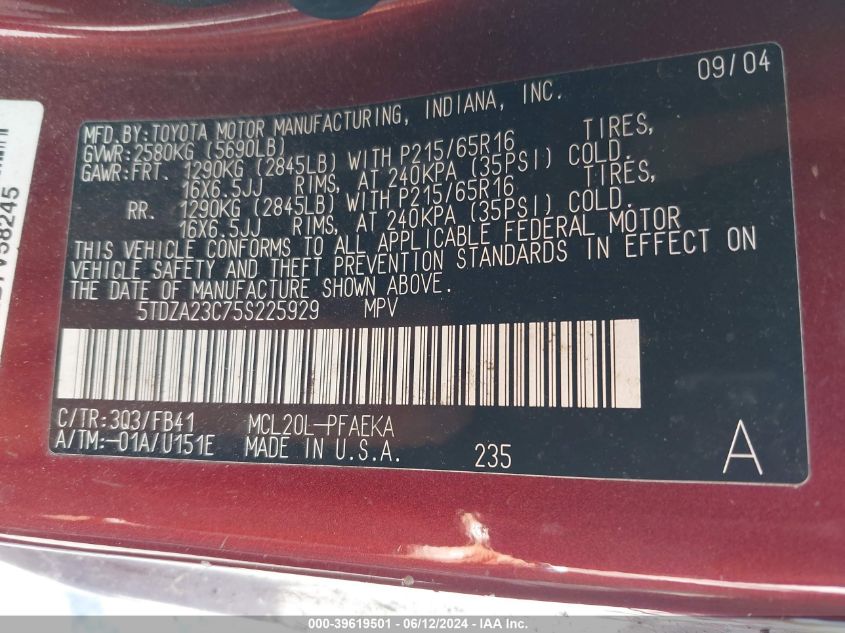 2005 Toyota Sienna Le VIN: 5TDZA23C75S225929 Lot: 39619501