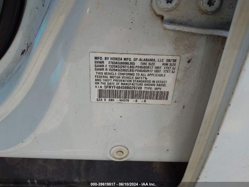 2009 Honda Pilot Ex VIN: 5FNYF48459B029749 Lot: 39619517