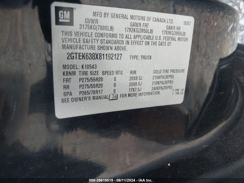 2008 GMC Sierra 1500 Denali VIN: 2GTEK638X81192127 Lot: 39619519