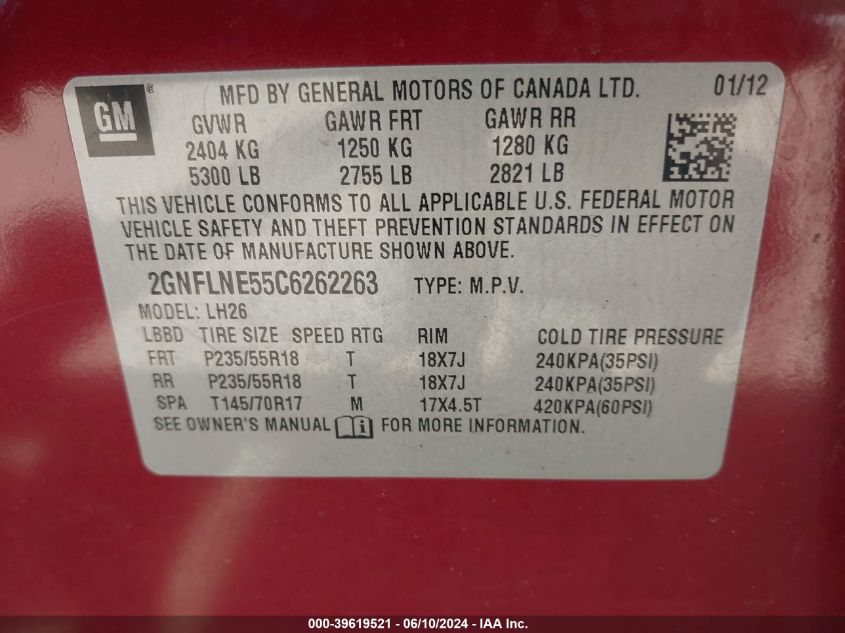 2012 Chevrolet Equinox 2Lt VIN: 2GNFLNE55C6262263 Lot: 39619521