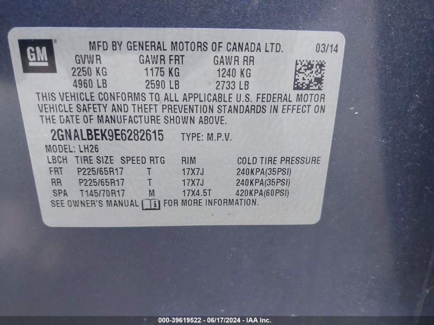 2014 Chevrolet Equinox 1Lt VIN: 2GNALBEK9E6282615 Lot: 39619522
