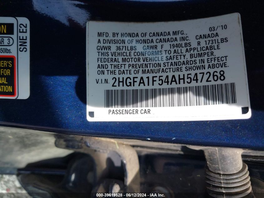 2010 Honda Civic Lx VIN: 2HGFA1F54AH547268 Lot: 39619528