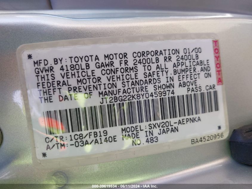 2000 Toyota Camry Le VIN: JT2BG22K8Y0459974 Lot: 39619534