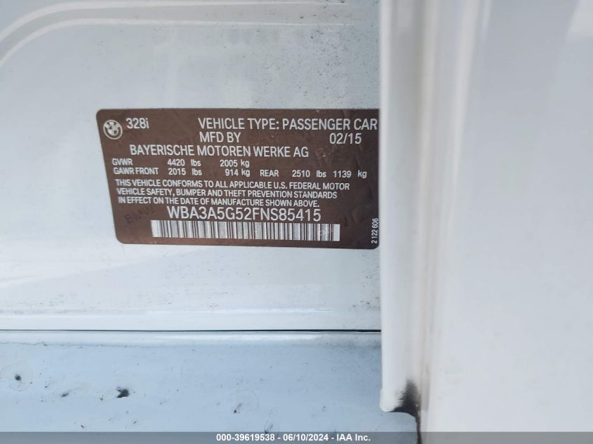 2015 BMW 328I VIN: WBA3A5G52FNS85415 Lot: 39619538