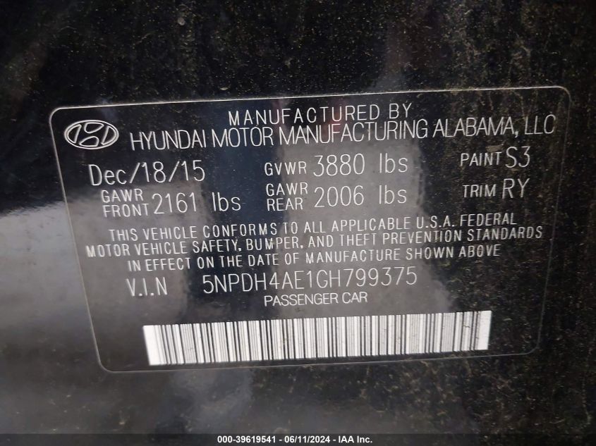 VIN 5NPDH4AE1GH799375 2016 Hyundai Elantra, Value E... no.9