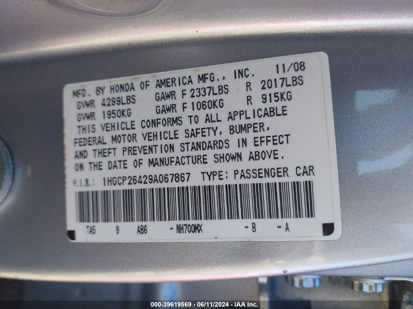 2009 Honda Accord 2.4 Lx-P VIN: 1HGCP26429A067867 Lot: 39619569