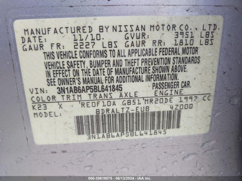 2011 Nissan Sentra 2.0Sr VIN: 3N1AB6AP5BL641845 Lot: 39619575