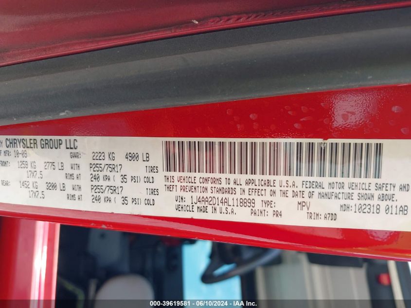 2010 Jeep Wrangler Sport VIN: 1J4AA2D14AL118899 Lot: 39619581