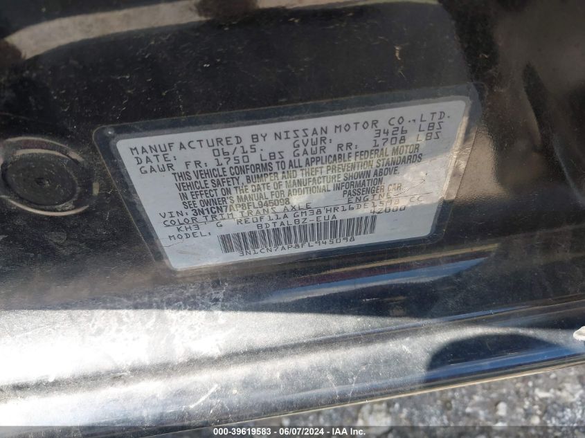 2015 Nissan Versa 1.6 Sv VIN: 3N1CN7AP8FL945098 Lot: 39619583