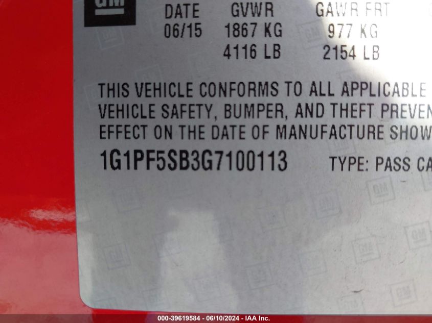 2016 Chevrolet Cruze Limited 2Lt Auto VIN: 1G1PF5SB3G7100113 Lot: 39619584