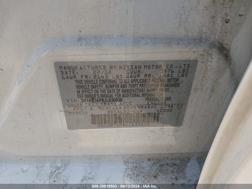 2018 Nissan Sentra Sv VIN: 3N1AB7AP8JL630830 Lot: 39619593