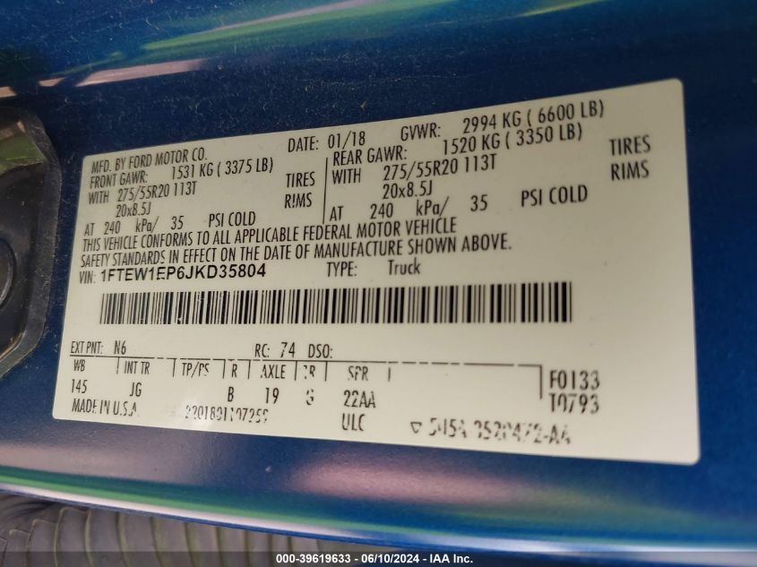 2018 Ford F-150 Xl VIN: 1FTEW1EP6JKD35804 Lot: 39619633