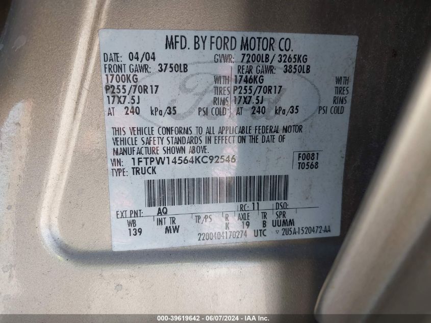 1FTPW14564KC92546 | 2004 FORD F-150