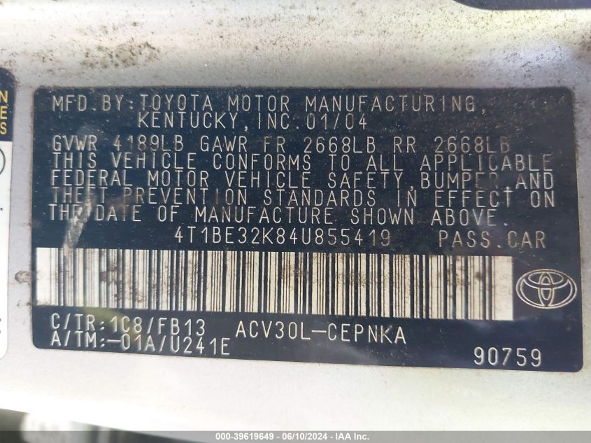 2004 Toyota Camry Le VIN: 4T1BE32K84U855419 Lot: 39619649