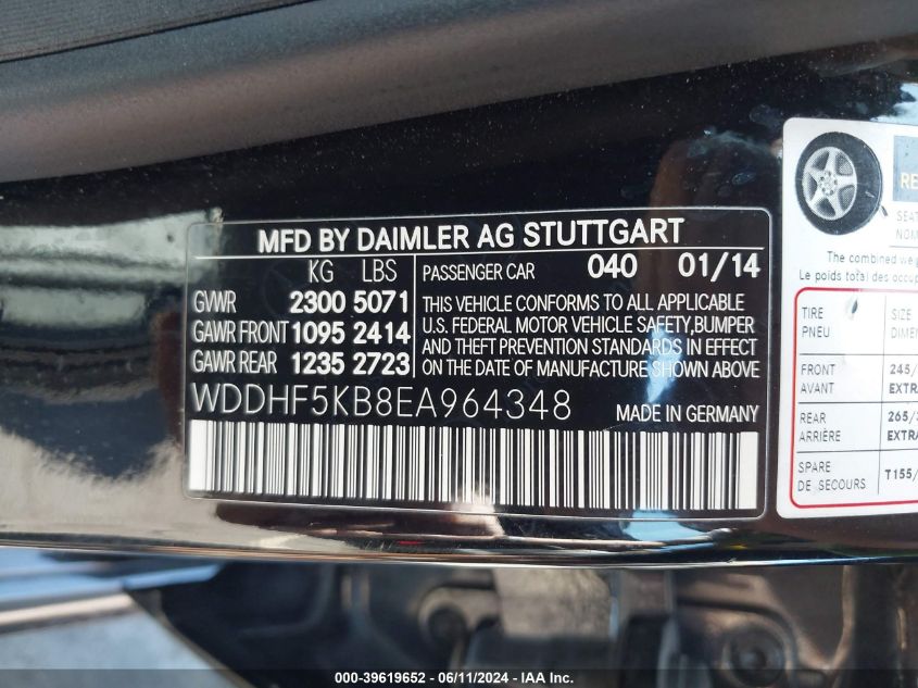 2014 Mercedes-Benz E 350 VIN: WDDHF5KB8EA964348 Lot: 39619652