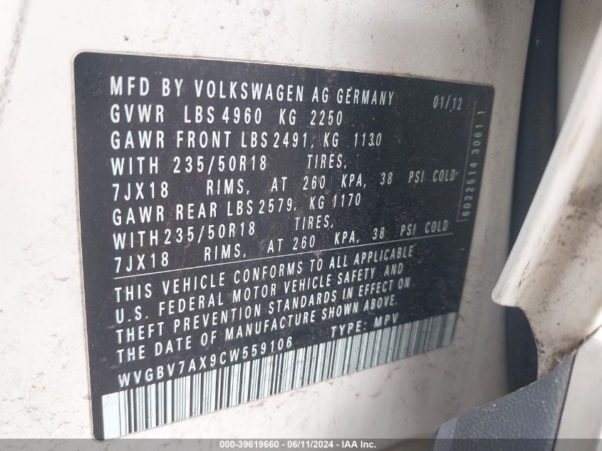 2012 Volkswagen Tiguan Se VIN: WVGBV7AX9CW559106 Lot: 39619660