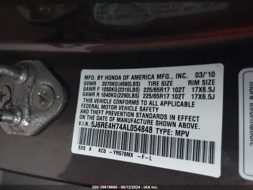 2010 Honda Cr-V Ex-L VIN: 5J6RE4H74AL054848 Lot: 39619665