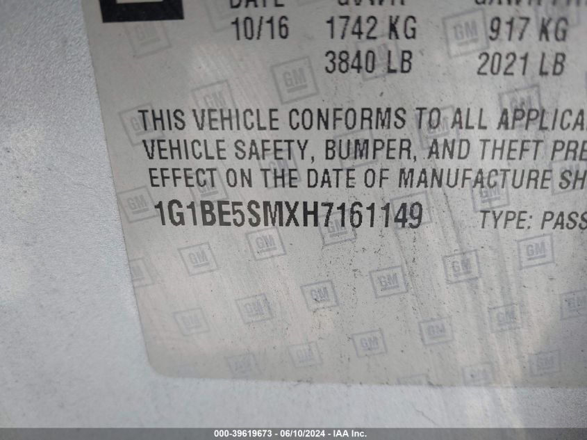 2017 Chevrolet Cruze Lt Auto VIN: 1G1BE5SMXH7161149 Lot: 39619673