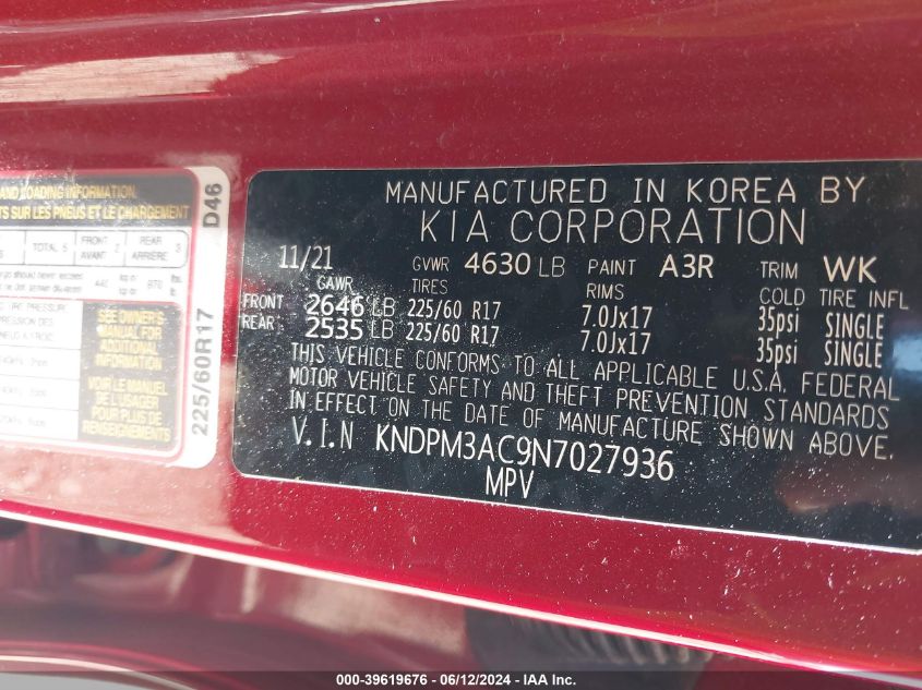 2022 Kia Sportage Lx VIN: KNDPM3AC9N7027936 Lot: 39619676