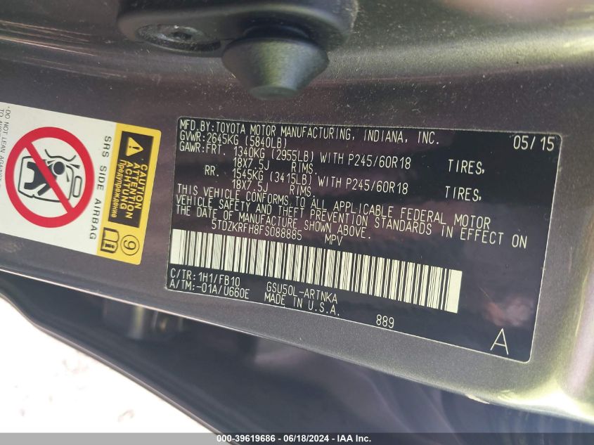 2015 Toyota Highlander Le V6 VIN: 5TDZKRFH8FS088885 Lot: 39619686