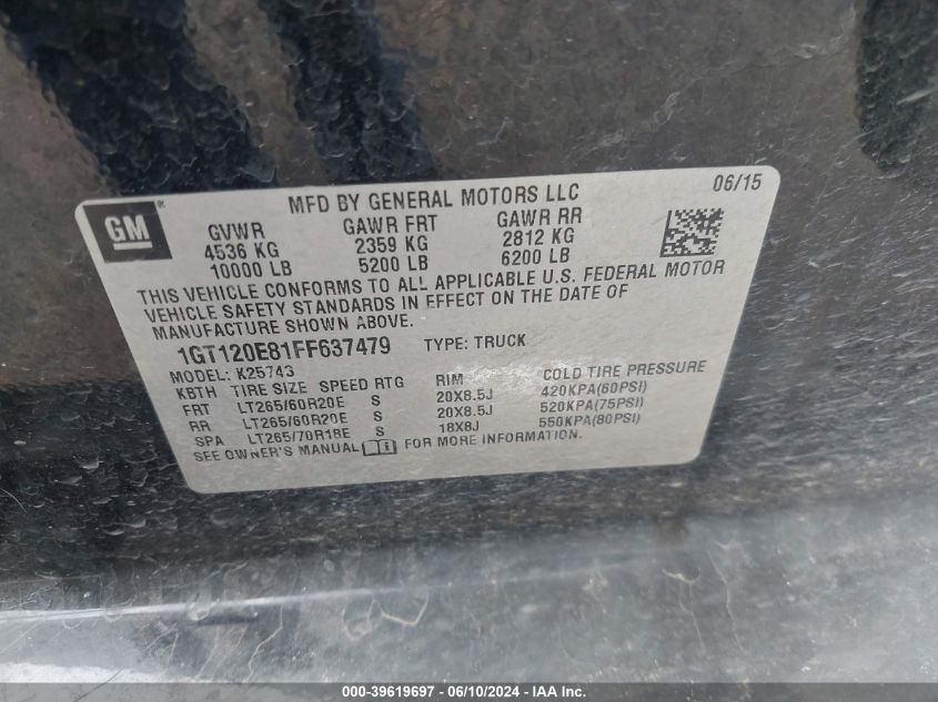 2015 GMC Sierra 2500Hd Denali VIN: 1GT120E81FF637479 Lot: 39619697