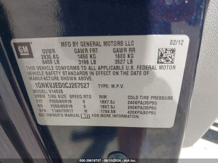 2012 Chevrolet Traverse 2Lt VIN: 1GNKVJED0CJ267527 Lot: 39619707