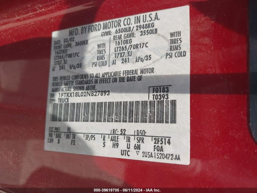 2002 Ford F150 VIN: 1FTRX18L02NB27893 Lot: 39619705