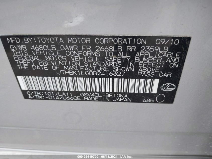 2011 Lexus Es 350 VIN: JTHBK1EG0B2416327 Lot: 39619720