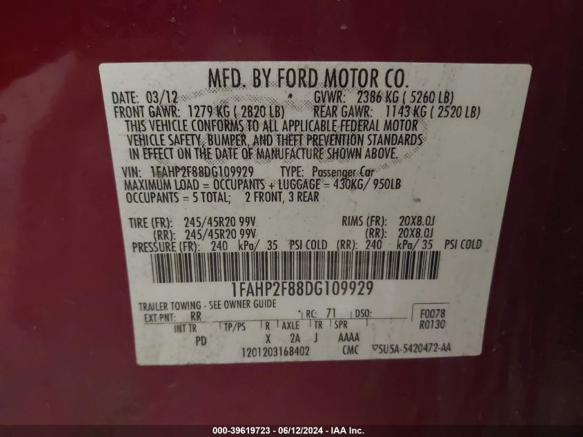 2013 Ford Taurus Limited VIN: 1FAHP2F88DG109929 Lot: 39619723