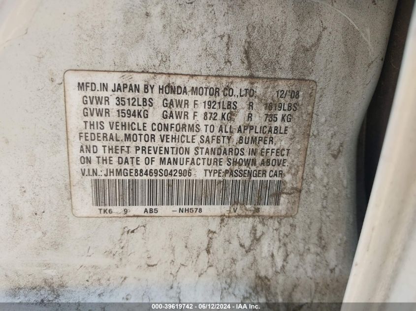 2009 Honda Fit Sport VIN: JHMGE88469S042906 Lot: 39619742