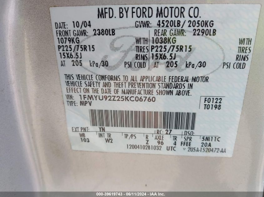 2005 Ford Escape Xls VIN: 1FMYU92Z25KC06760 Lot: 39619743