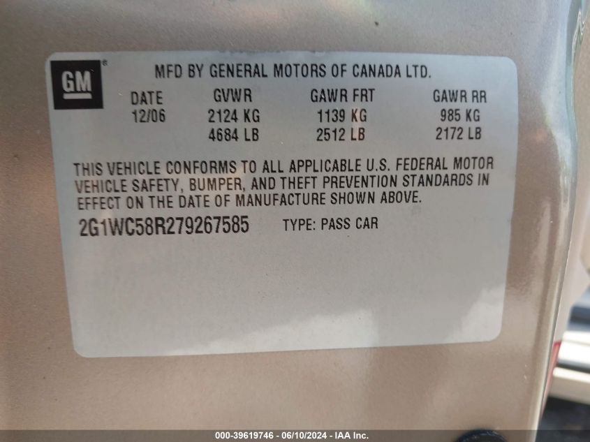 2007 Chevrolet Impala Lt VIN: 2G1WC58R279267585 Lot: 39619746