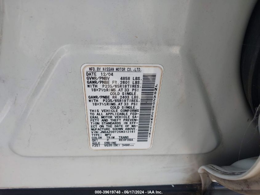 2005 Nissan Murano Sl VIN: JN8AZ08T25W312161 Lot: 39619748